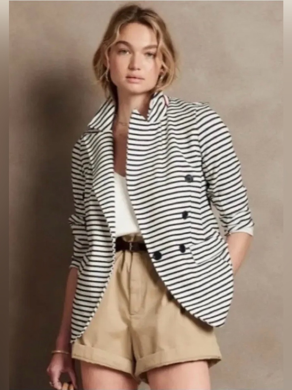 Banana Republic Factory Striped Pique Knit Blazer Jacket NWOT Navy White Size L